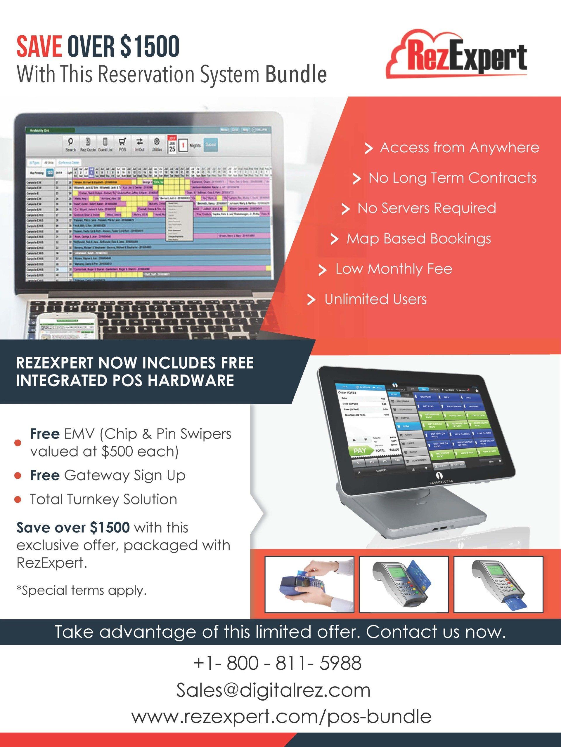Advertisement for RezExpert's reservation system bundle, with a laptop, tablet, and POS hardware. Offers savings and free integrated hardware.