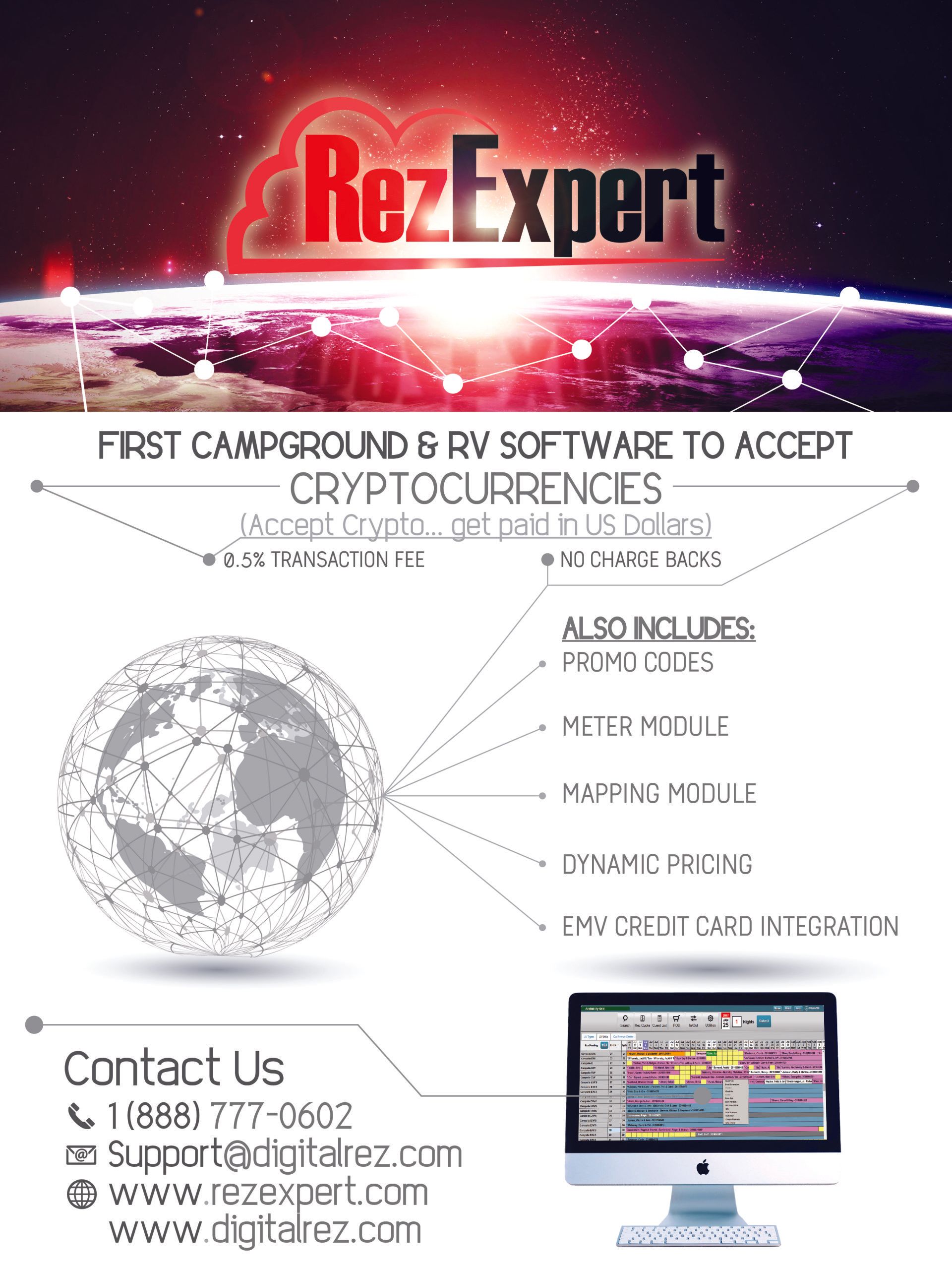 Advertisement for RezExpert software: accepts cryptocurrency, includes promo codes, meter module, mapping, dynamic pricing, and EMV credit card integration.