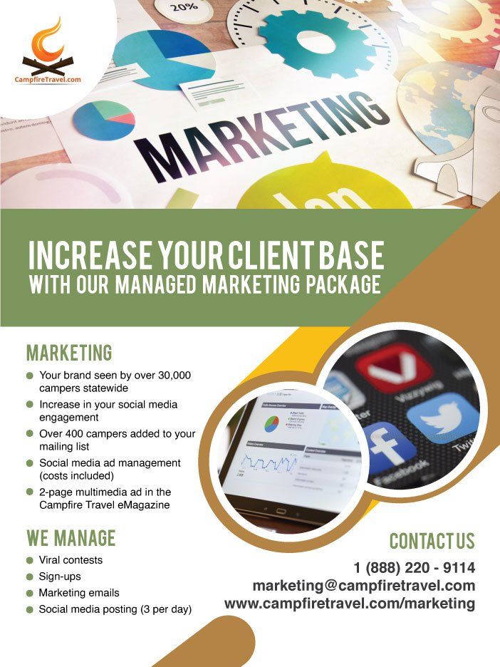 Marketing flyer with the logo, text, and images. It promotes a managed marketing package to increase the client base.