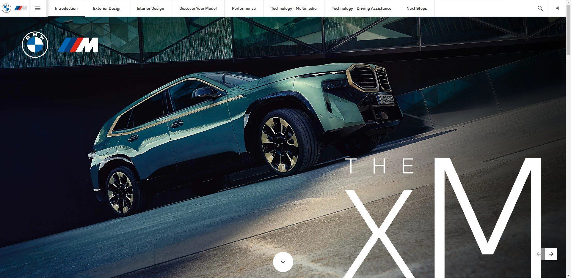 BMW XM concept car on a ramp, dark background. White text