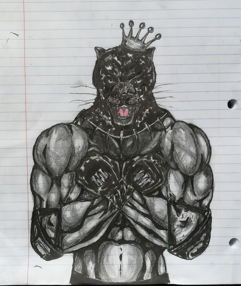 Muscular panther with crown, posed flexing torso. Black and grey sketch on lined paper.