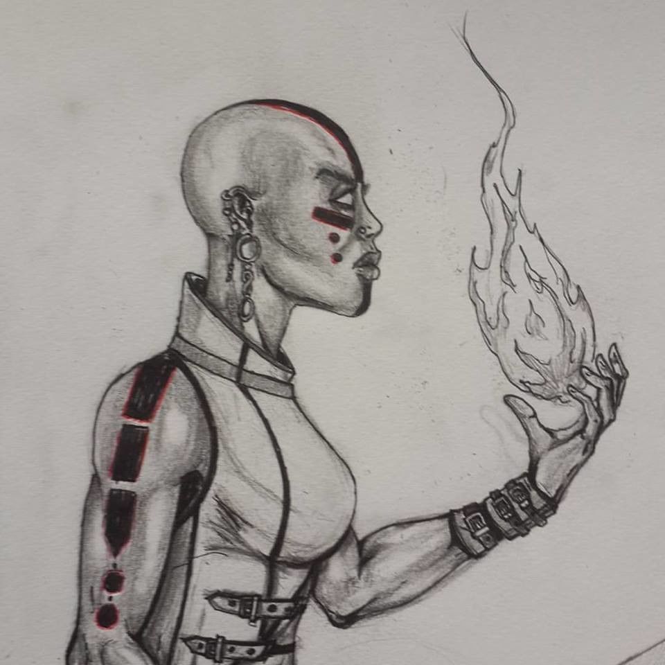 A person with shaved head holds a flame. They wear body armor and have face/arm markings and ear piercings.