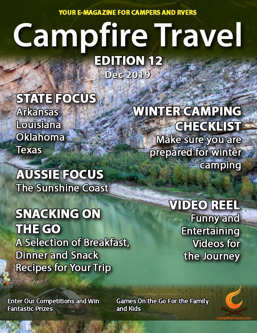 Campfire Travel magazine cover: Articles on camping, recipes, and videos. River in background.