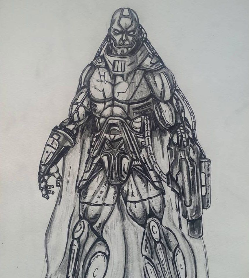 Futuristic cyborg character holding a large weapon, wearing armor and a cape.