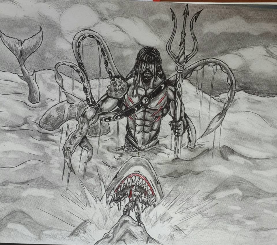 Sea god with trident, octopus tentacles, and shark amidst stormy ocean waves.