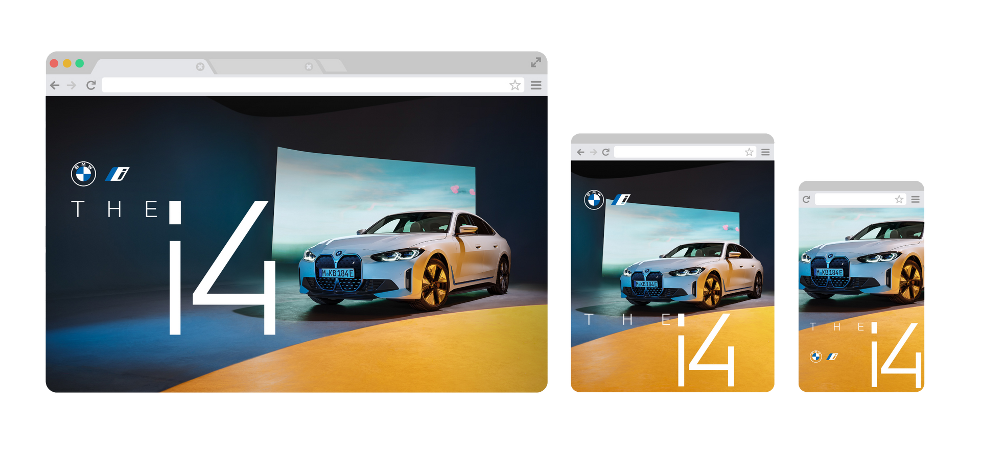 BMW i4 car website displayed on three different screen sizes.