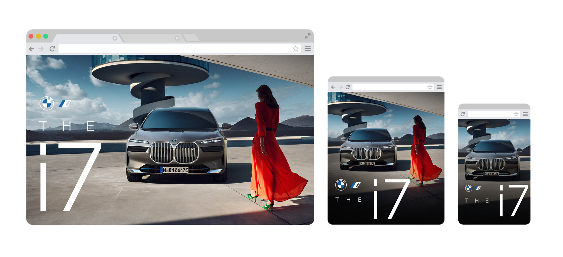 BMW i7 advertisement on a website, woman in red dress next to car. Different sized screens.