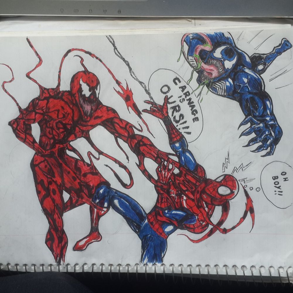 Carnage attacks Spider-Man as Venom watches. Carnage is red, Spider-Man is red & blue, and Venom is dark blue.