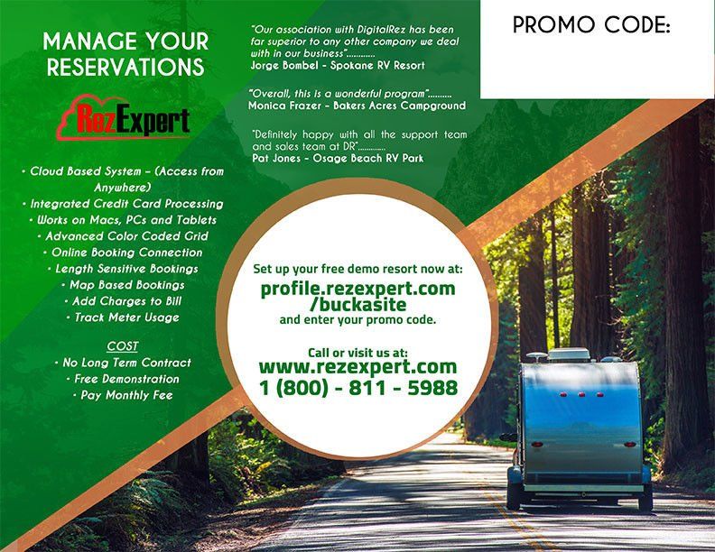 Advertisement for RezExpert reservation management software. Features trailer on road and contact information.