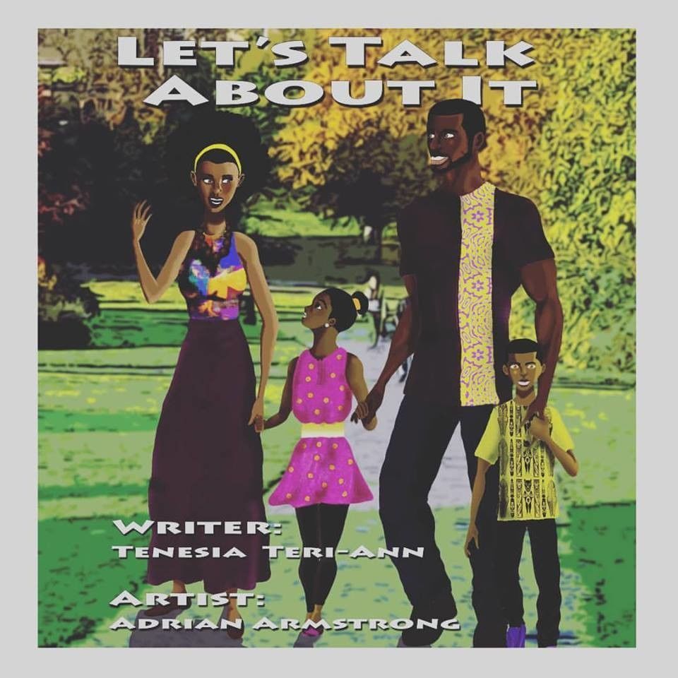 Family walking in park; title 