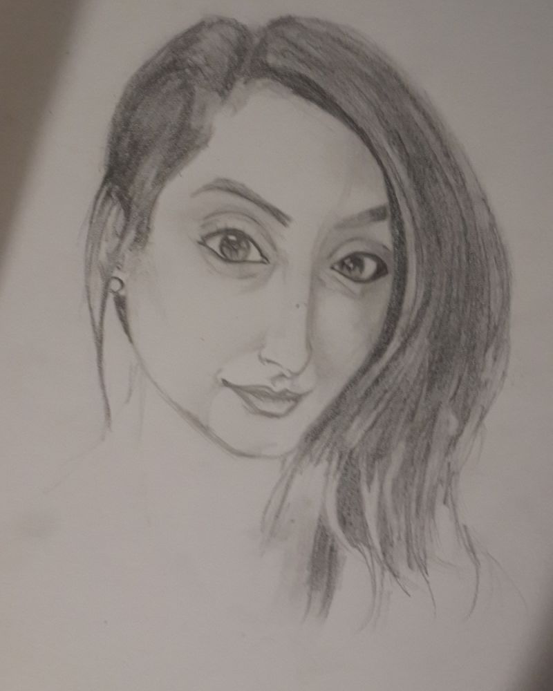 Pencil sketch of a person with dark hair, looking at the viewer with a slight smile.