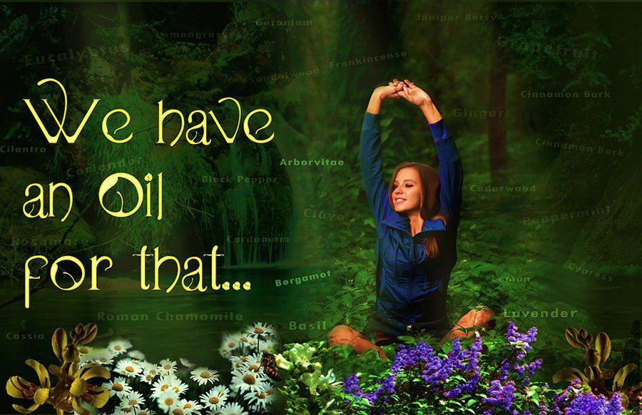 Woman in blue shirt stretching in a garden, text 