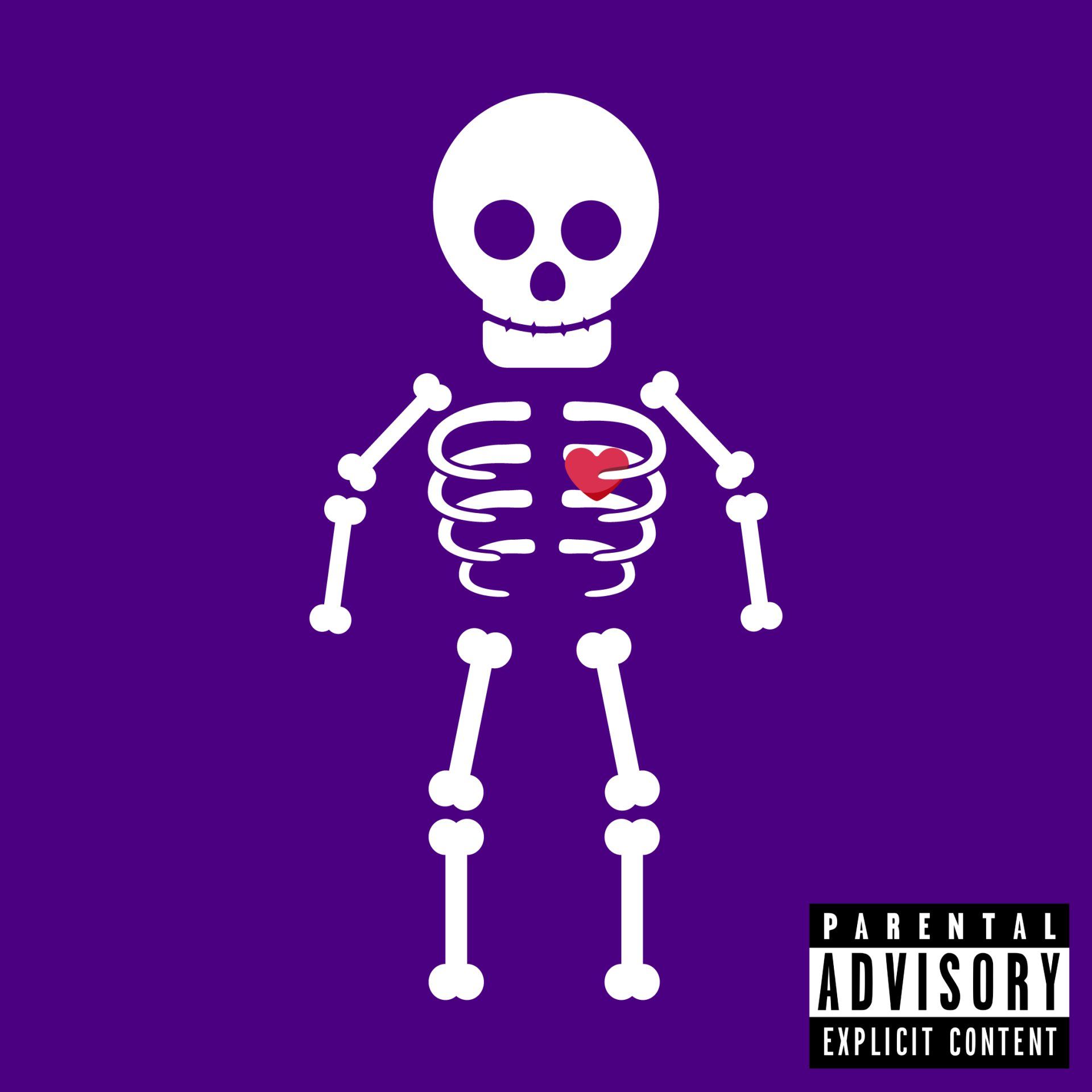 White skeleton with a red heart on a purple background. Parental advisory label in bottom right corner.