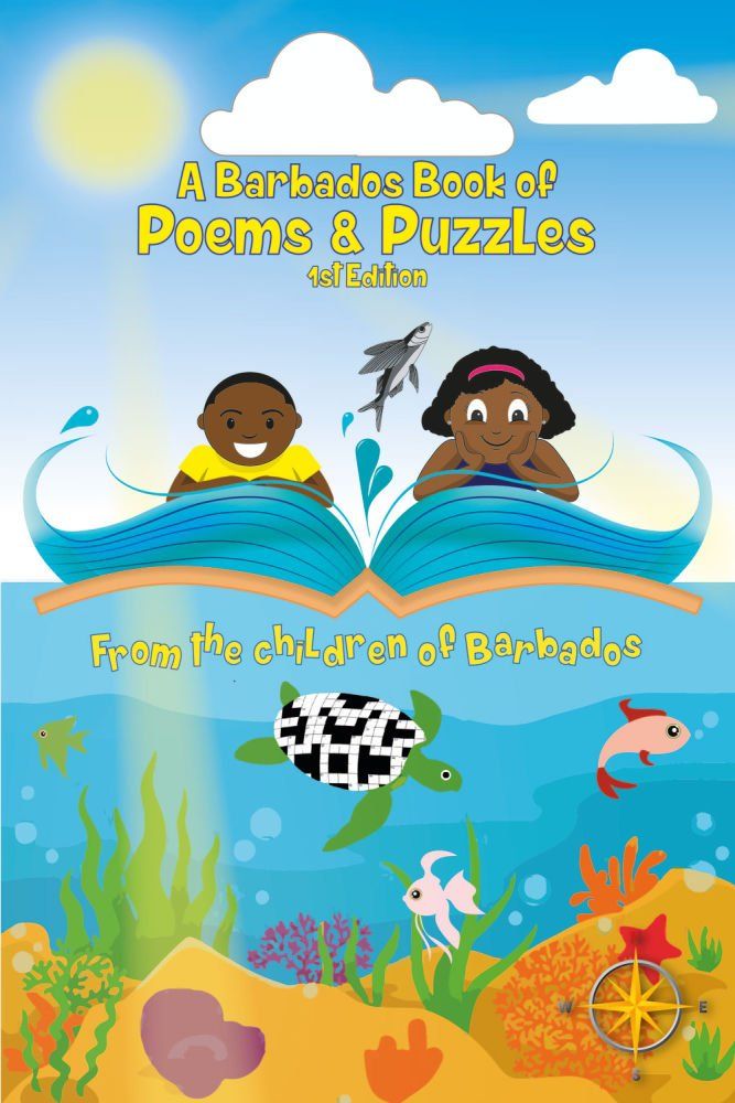Book cover: Two children in a book, ocean scene. Includes poems, puzzles, and a title that says 'from the children of Barbados.'