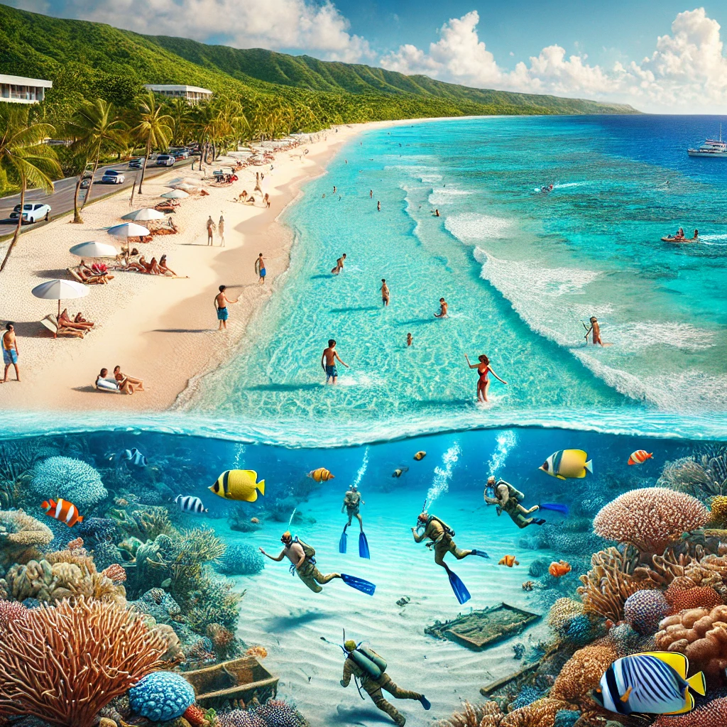 This image that focuses on the beach and underwater scenes in Guam, highlighting the natural beauty of the coastline and the adventures beneath the surface with people snorkeling and scuba diving among vibrant coral gardens and sunken WWII relics. This visual perfectly captures the essence of relaxation and exploration.