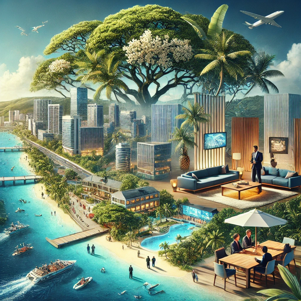 This image that portrays Guam as a dynamic hub of opportunities, seamlessly blending its natural beauty with modern luxury and business potential. This visual encapsulates the unique environment Guam offers for both relaxation and entrepreneurial growth, aligning with the narrative in the paragraphs