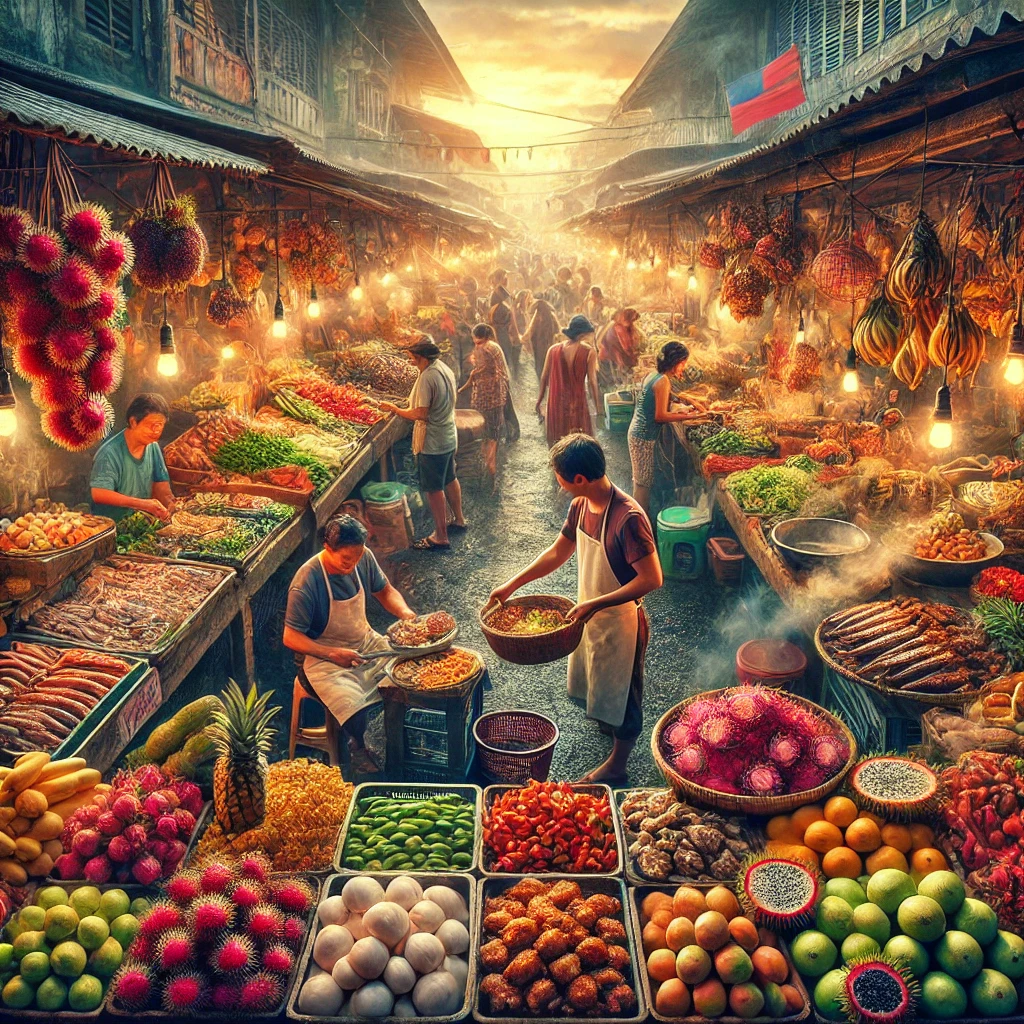 Image captures the vibrant market scene in Guam, bringing to life the rich colors, enticing aromas, and lively atmosphere described in the paragraphs. This visual complements the narrative of Guam's culinary landscape and the cultural richness it offers.