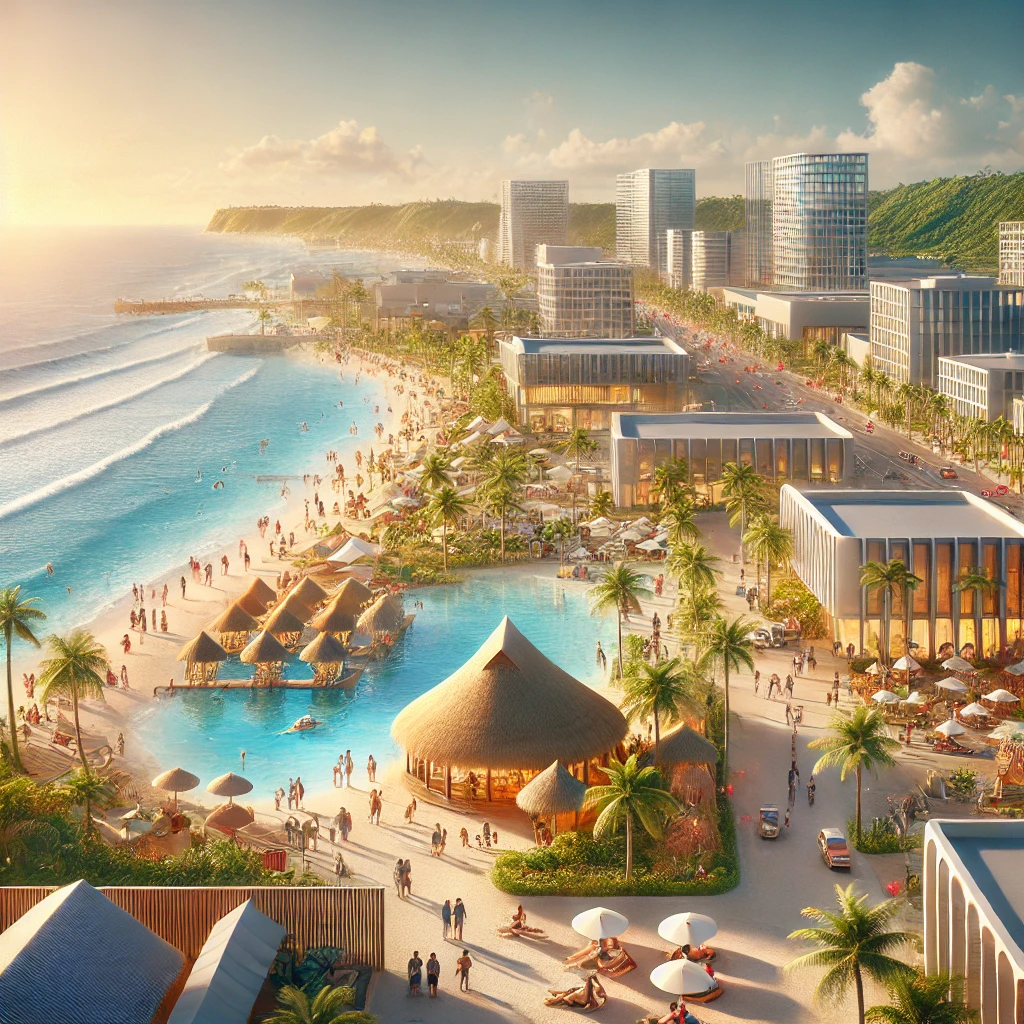 image of Guam that captures the essence of the island as a vibrant lifestyle and community destination. This visual highlights the sun-kissed beaches, bustling local markets, serene wellness retreats, and the dynamic business district, all blending seamlessly with the tropical landscape. The atmosphere is warm and inviting, reflecting the spirit of Guam as a place to explore, live, and create lasting memories.