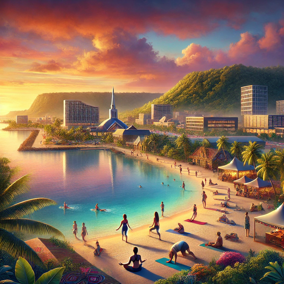 An artist 's impression of a tropical beach at sunset