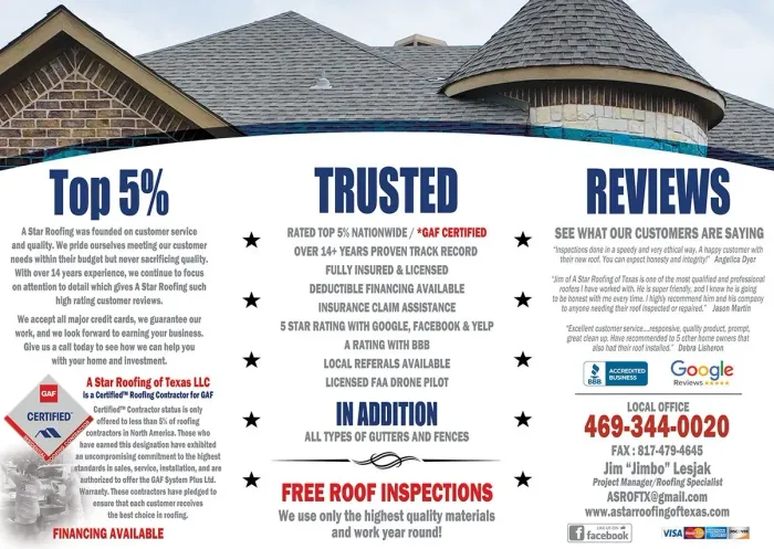 A brochure for a roofing company that says top 5 % trusted reviews and free roof inspections.