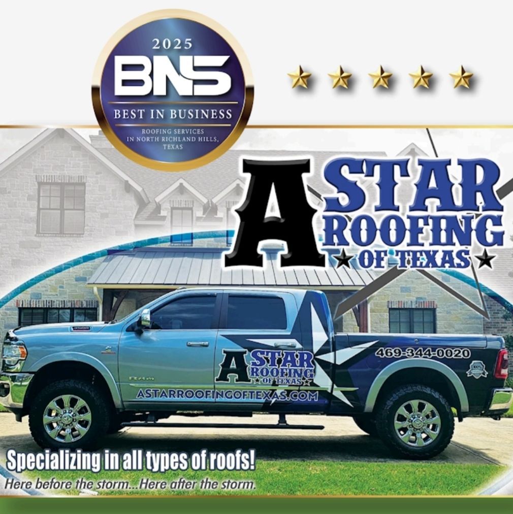 A star roofing truck is parked in front of a house