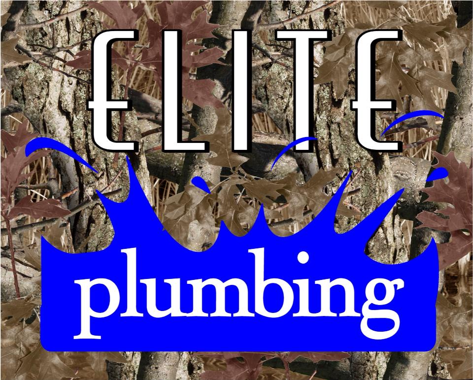 A logo for elite plumbing with a camouflage background