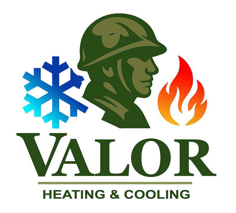 Logo for Valor Heating & Cooling: a soldier, snowflake, flame, and text on a white background.