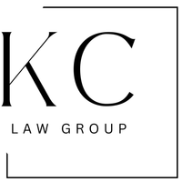 A black and white logo for a law firm called kc law group.