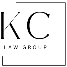 A black and white logo for a law firm called kc law group.