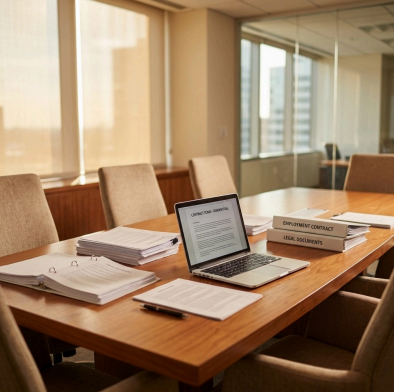 a desk covered in binders, documents, and a laptop