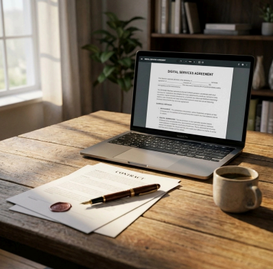 an open laptop and documents on a table