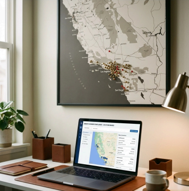 an open laptop on top of a desk, a map of california is on the wall