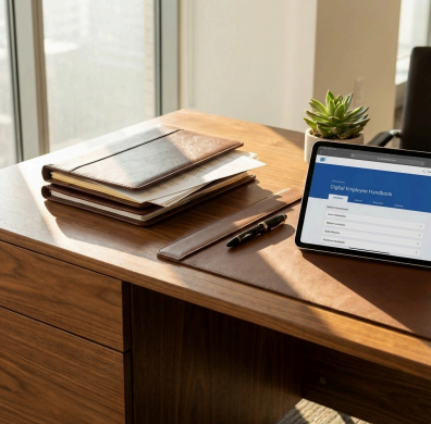 journals, a pen, and an ipad on top of a desk