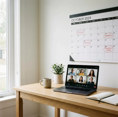 a laptop on a desk with multiple people on zoom, a calendar on the wall that reads 
