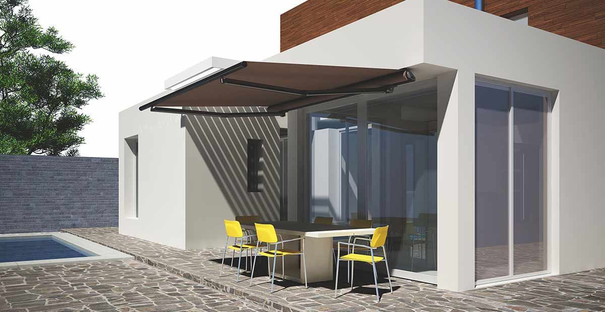 A Patio With A Table And Chairs Under An Awning Next To A Pool — Homemakers Lifestyle In Nambour, QLD