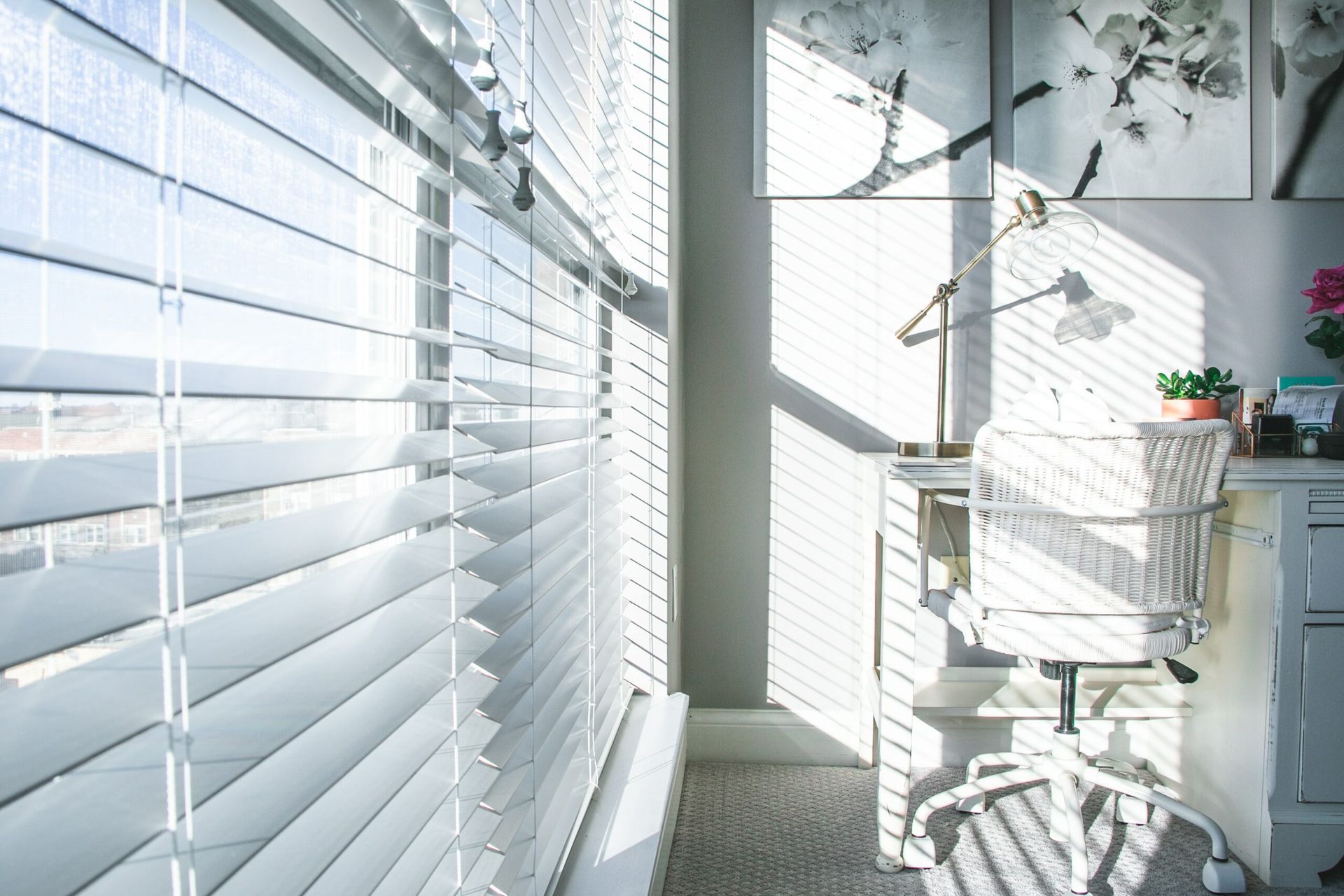 White blinds in a home office — Homemakers Lifestyle Maroochydore In Maroochydore QLD