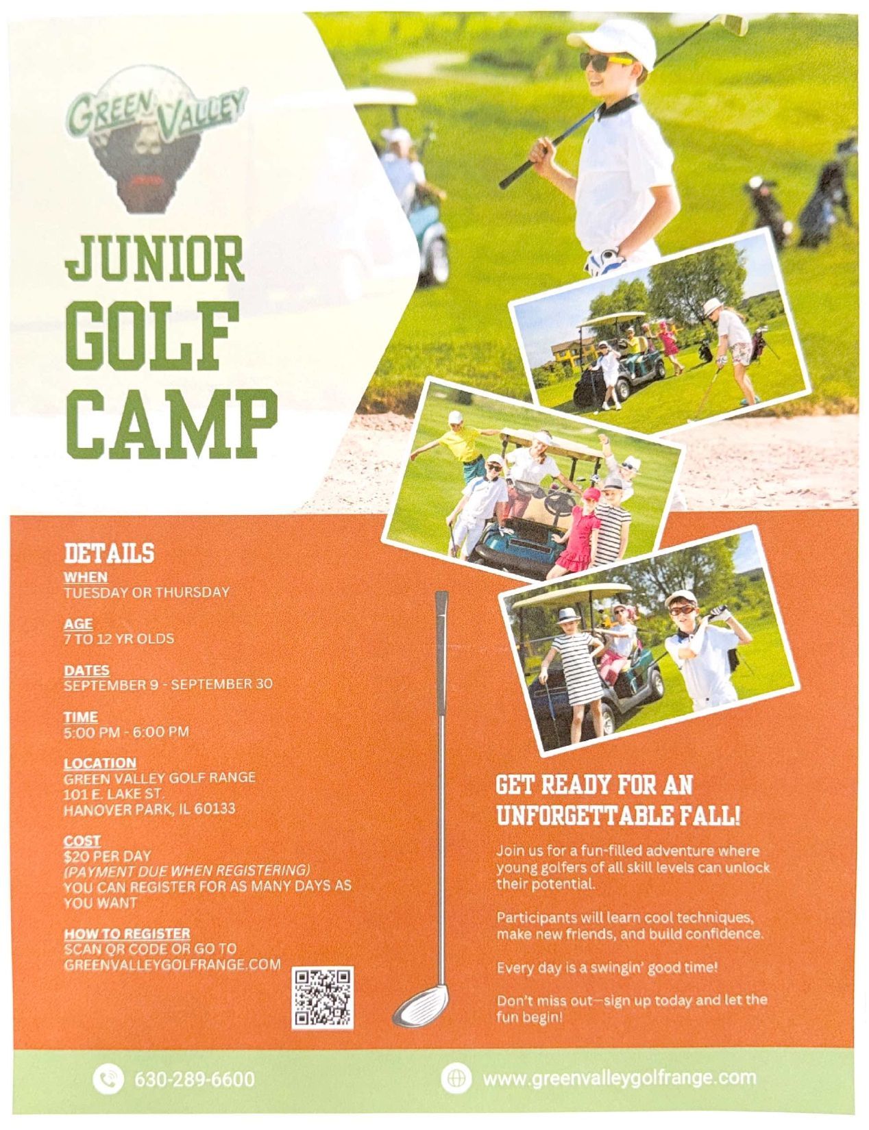 A flyer for a junior golf camp with a boy holding a golf club.
