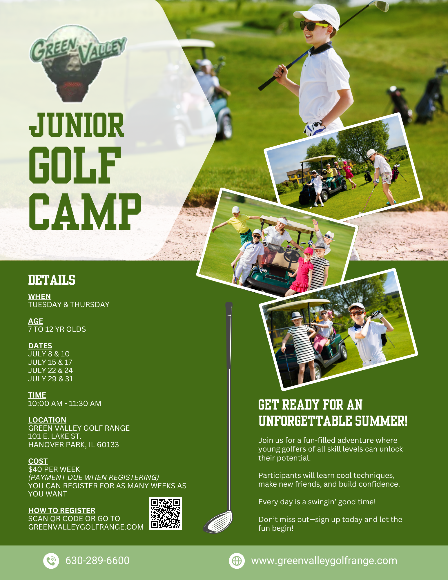 A flyer for a junior golf camp with a boy holding a golf club.
