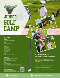 A flyer for a junior golf camp with a boy holding a golf club.