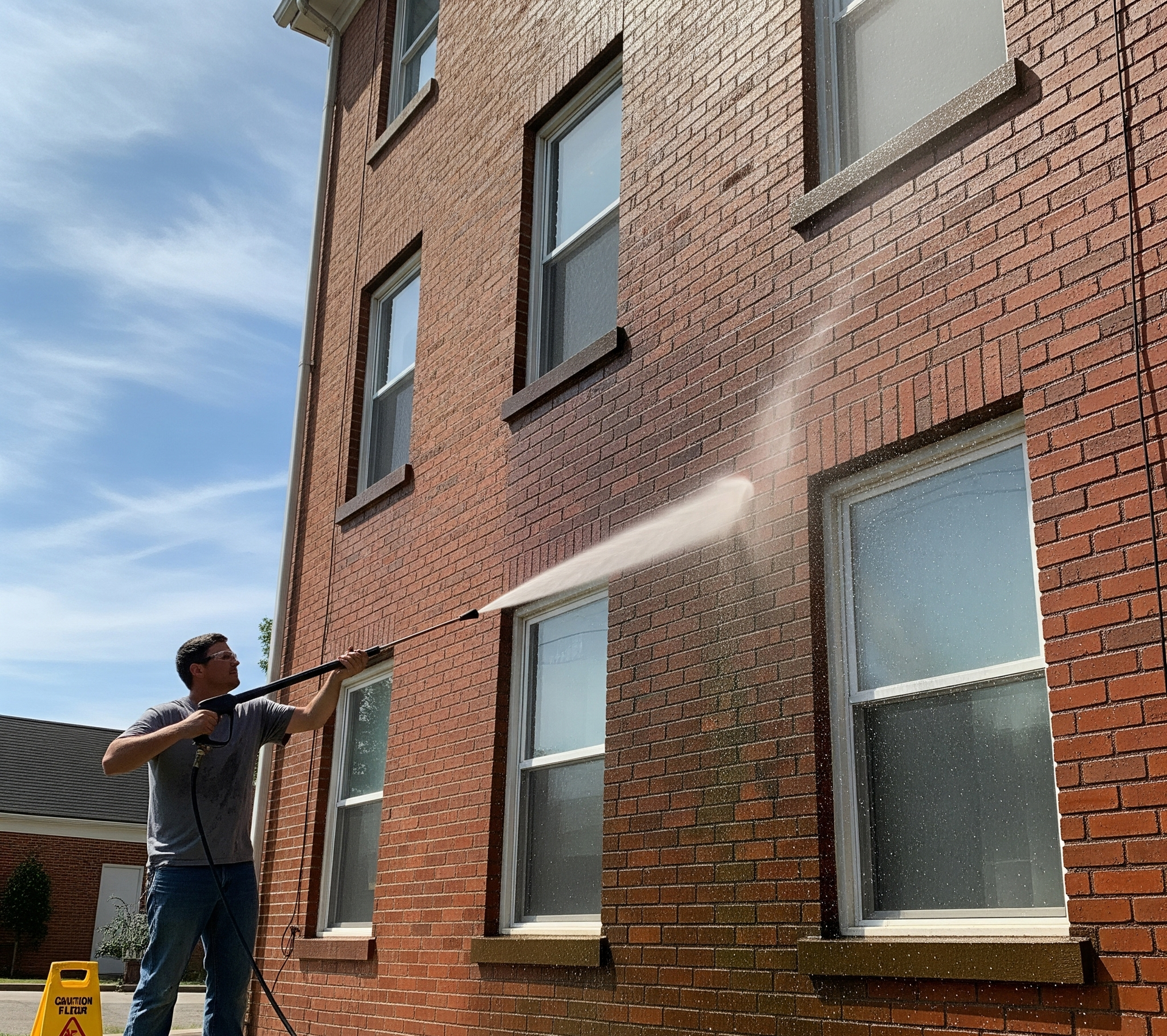 Man pressure washing a red brick building.