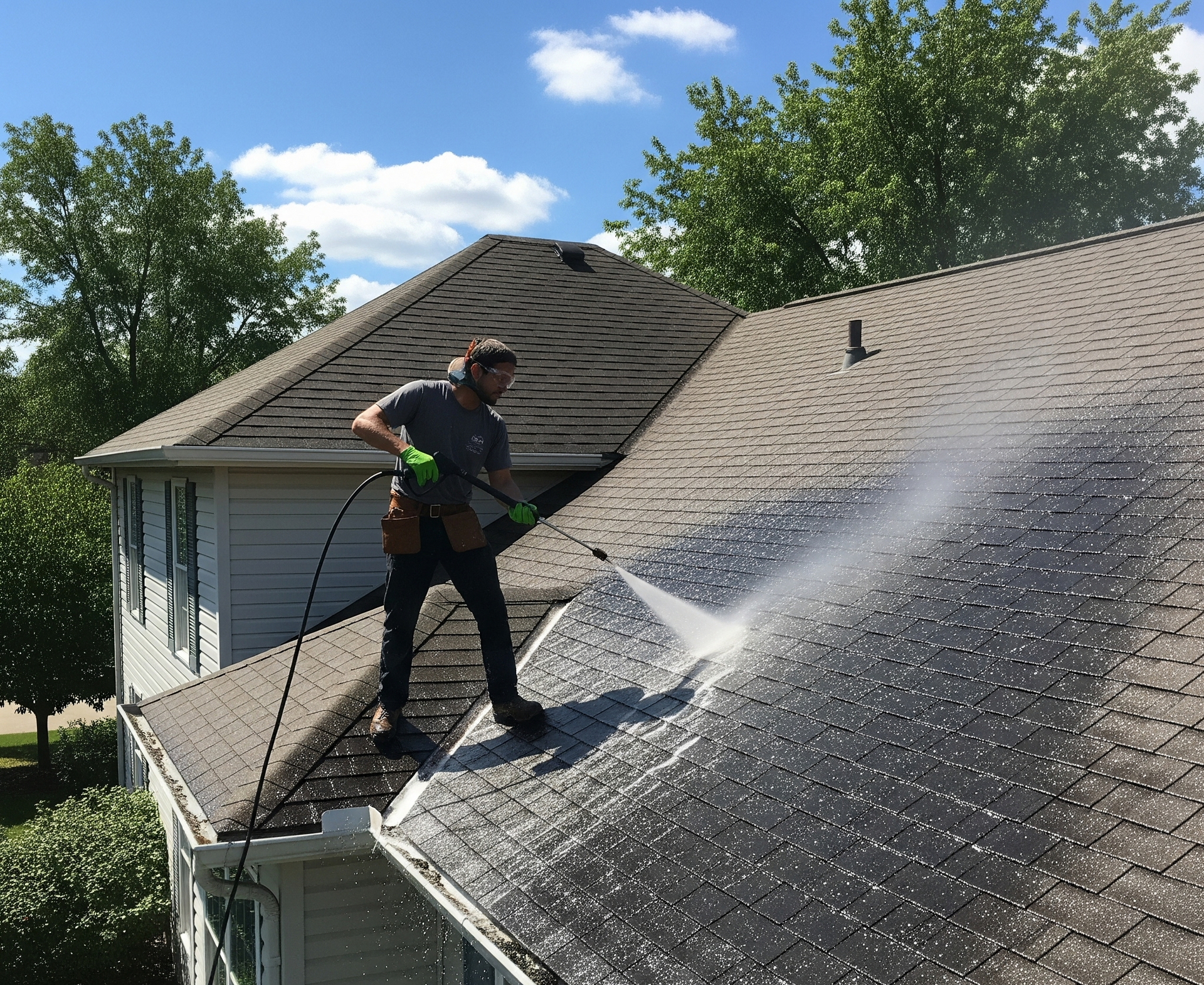 Man pressure washing a dark shingled roof on a sunny day, with a view of a house.