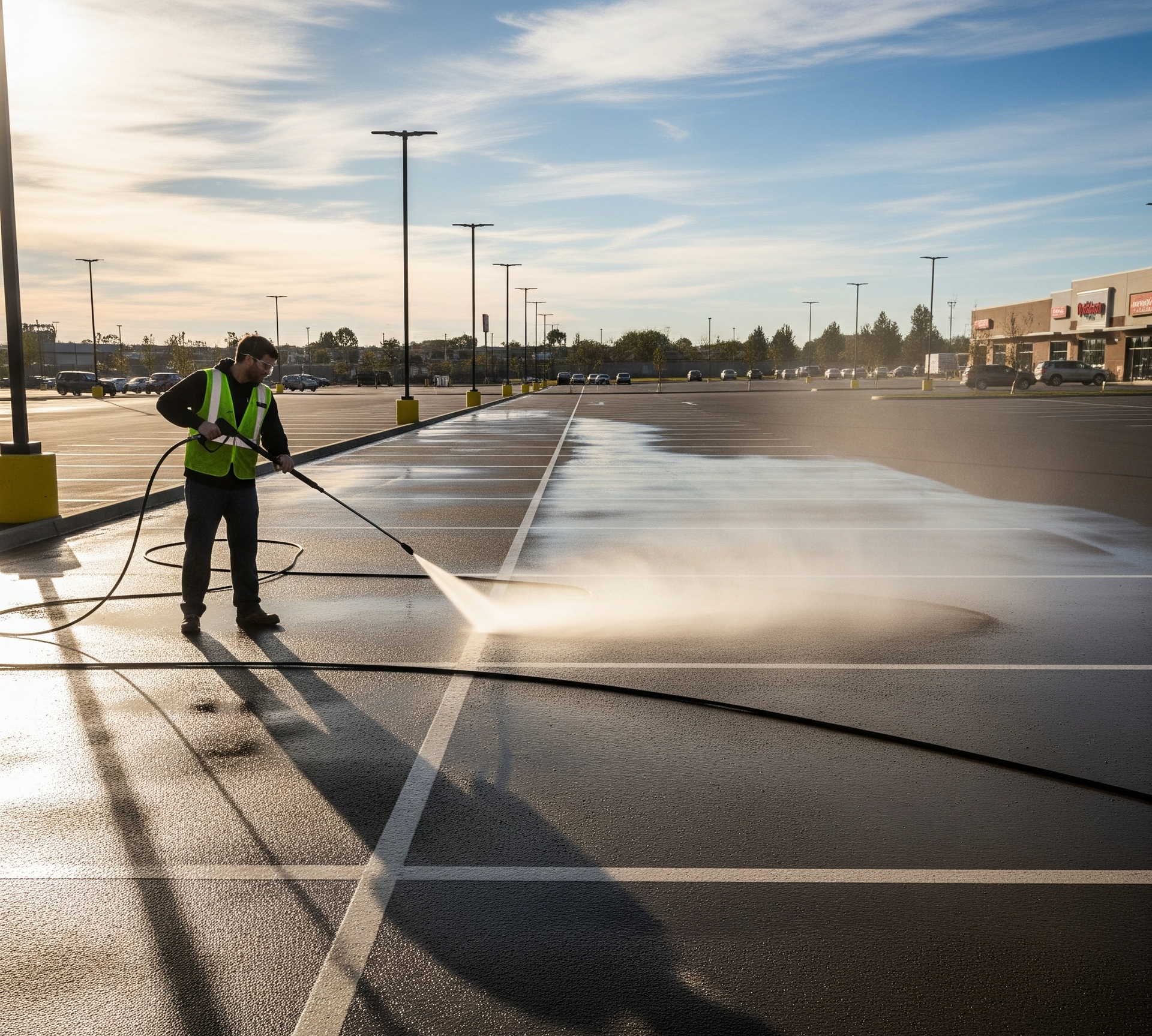 Person power washing an empty parking lot in bright sunlight.