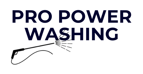 Dark blue text "PRO POWER WASHING" with line art of a pressure washer spraying water.