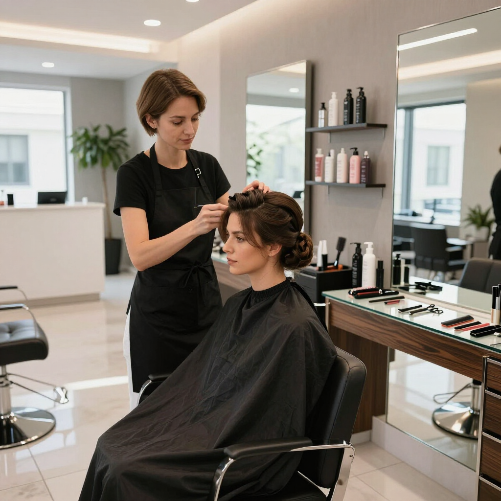 Una estilista con delantal negro peina a una clienta sentada en una silla de peluquería en un salón.