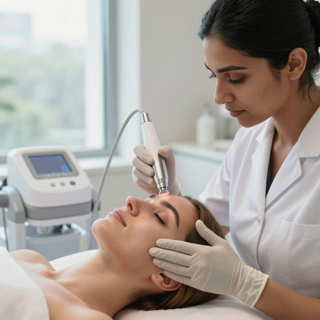 Un profesional realiza un tratamiento facial utilizando un dispositivo portátil a un cliente recostado en un entorno clínico.