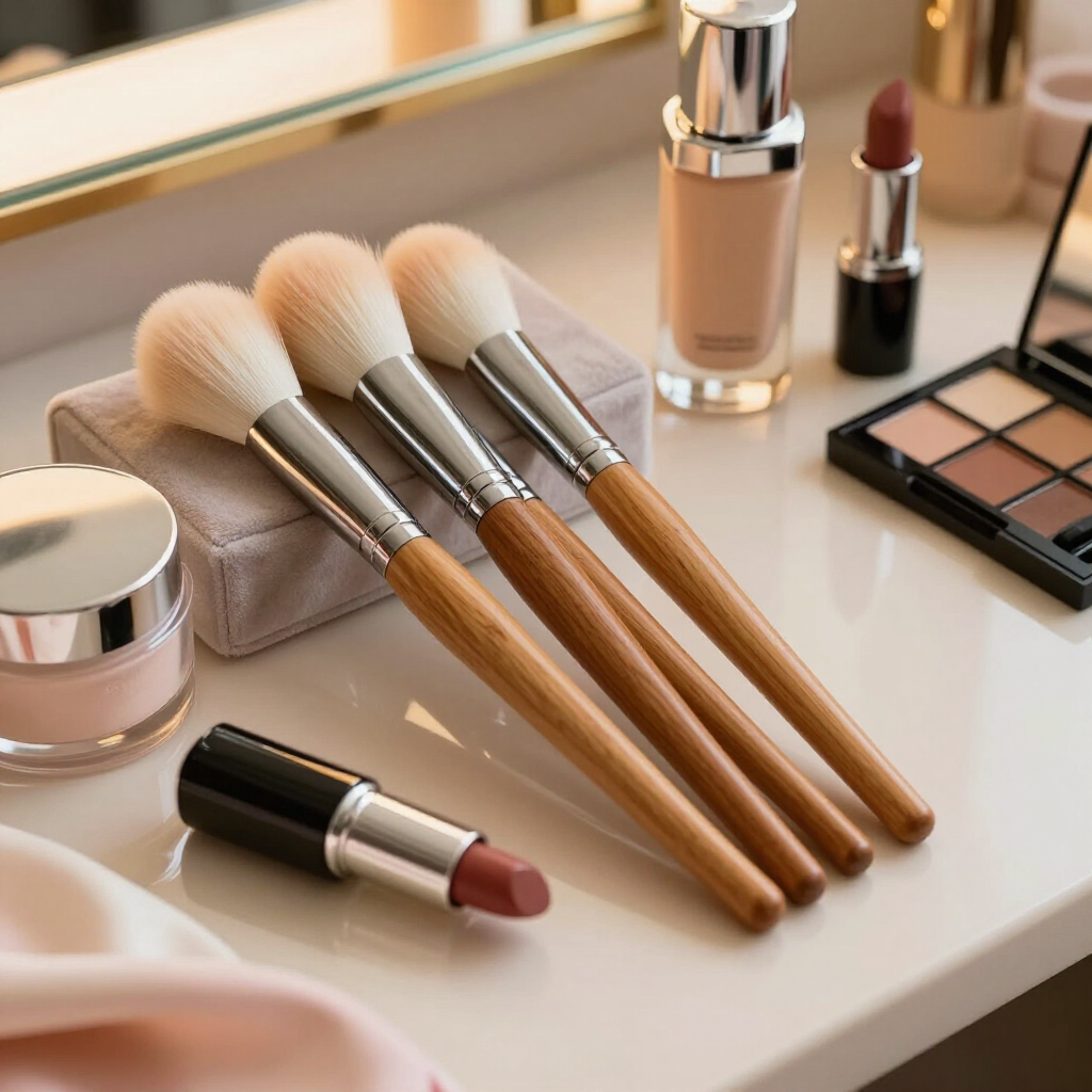Tres brochas de maquillaje con mangos de madera descansan sobre un tocador junto a un pintalabios.