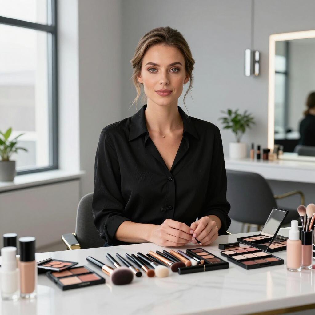 Una profesional se sienta en una mesa blanca llena de brochas y paletas de maquillaje en un estudio moderno y bien iluminado.