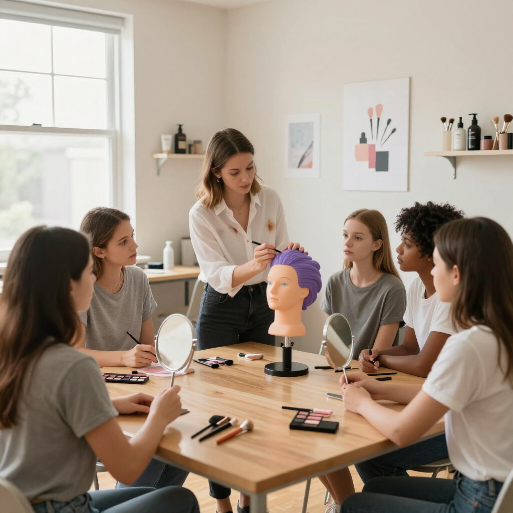 Una instructora realiza una demostración de aplicación de maquillaje en una cabeza de maniquí para una pequeña clase.