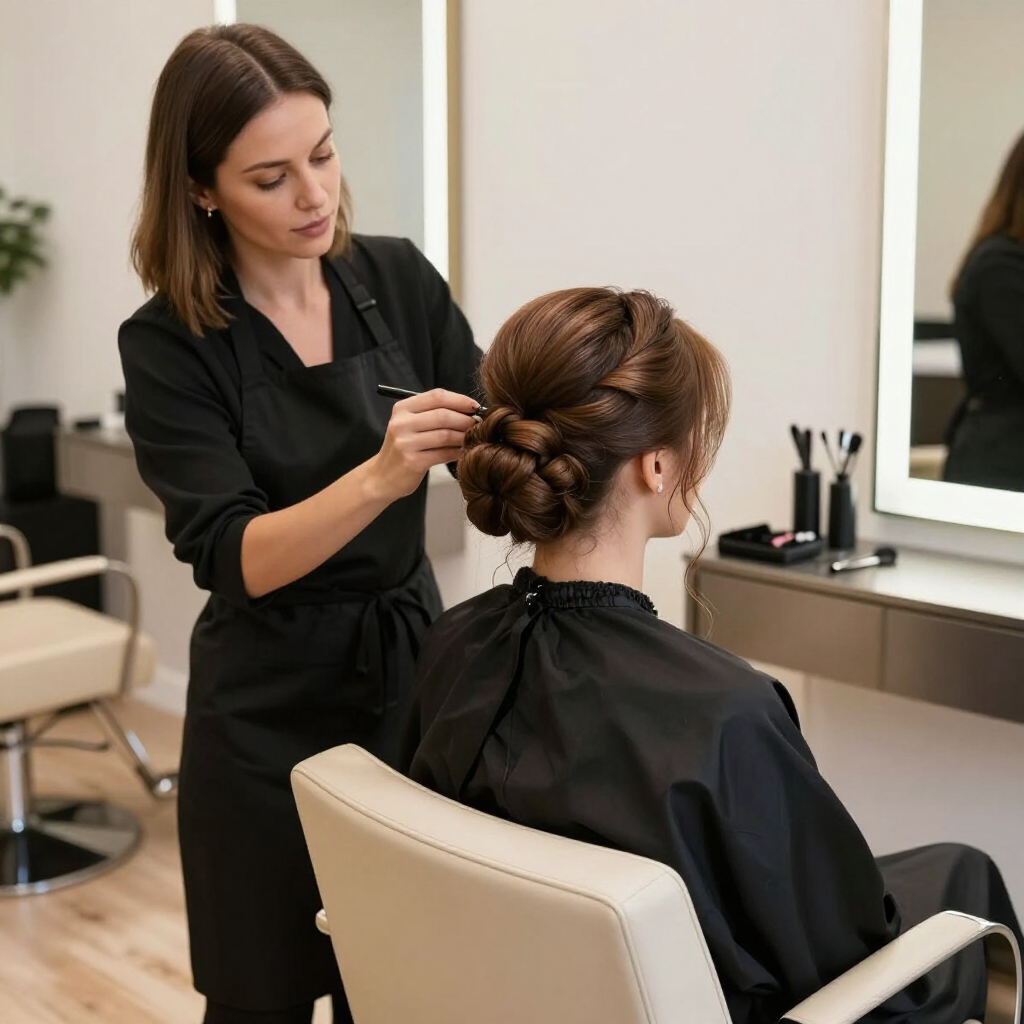 Una estilista con delantal negro sujeta cuidadosamente el cabello de una clienta que lleva una capa negra.