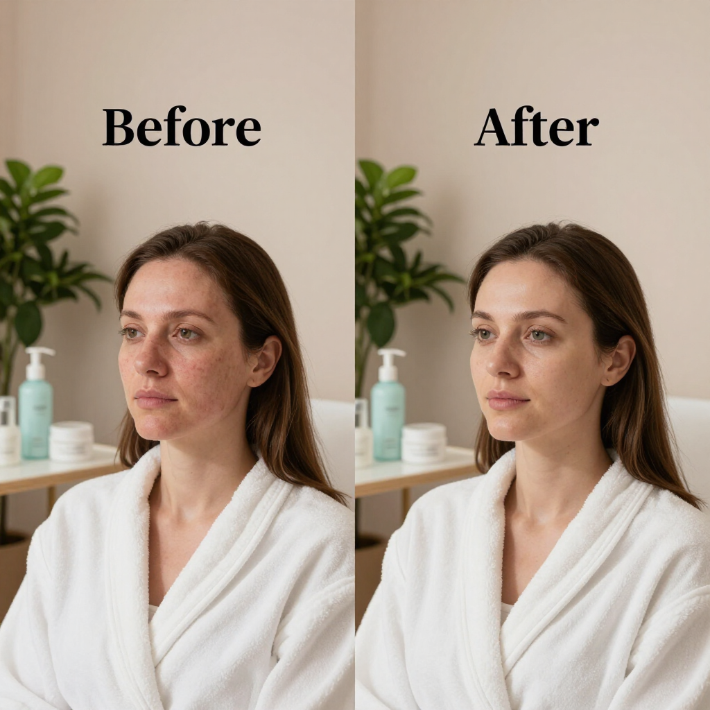 Comparación en pantalla dividida del rostro de una persona, que muestra las mejoras en la textura de la piel antes y después.